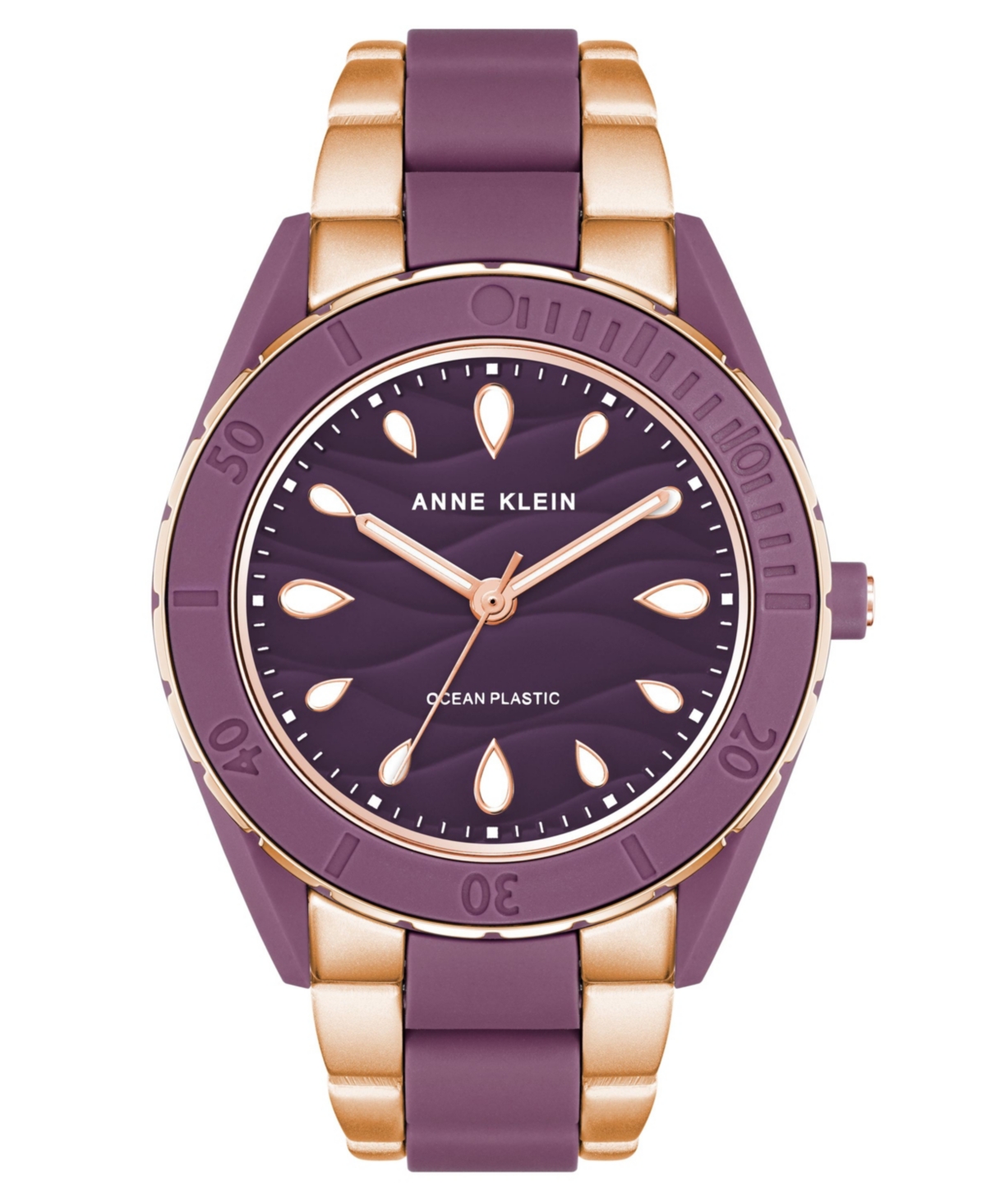 Anne Klein Women's Three-hand Quartz Rose Gold-tone And Purple Solar Oceanwork Plastic Bracelet Watch, 38.5mm In Rose Gold-tone,purple