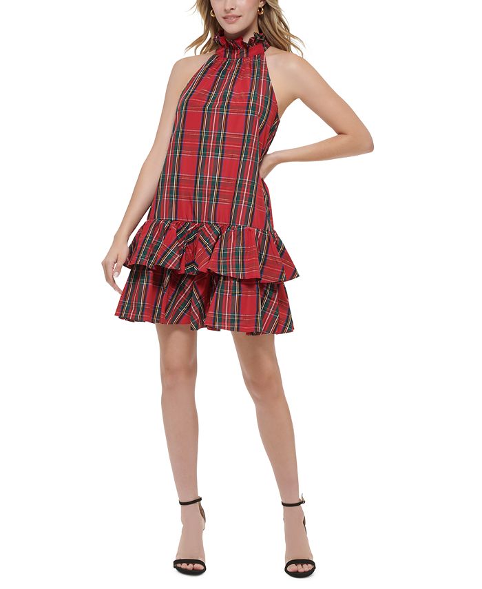 Tommy Hilfiger Women's Plaid-Print Halter-Neck Ruffled Dress -