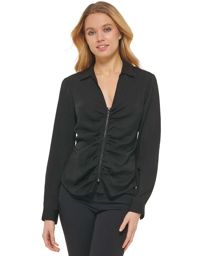 DKNY Women's Ruched-Front Long-Sleeve Zip-Up Top & Reviews - Tops ...