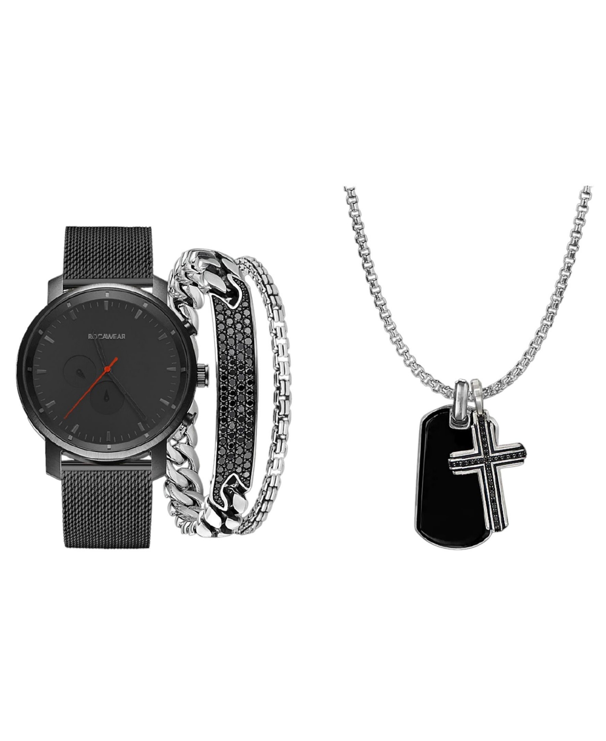 Men's Shiny Gunmetal Mesh Metal Bracelet Watch 44mm Set - Black Matte Metal, Shiny Gunmetal Mesh