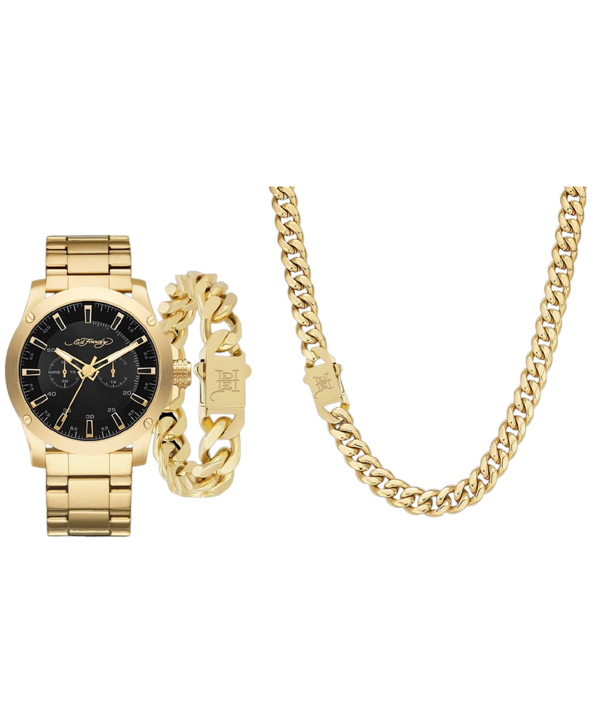 Shop Ed Hardy Men's Shiny Gold-tone Metal Bracelet Watch 46mm Gift Set In Matte Black,shiny Gold-tone