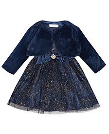 Baby Girls Foil Mesh Dress with Satin Bow and Faux Fur Vest Detail