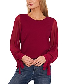 Cotton Chiffon-Sleeve Mixed-Media Sweater