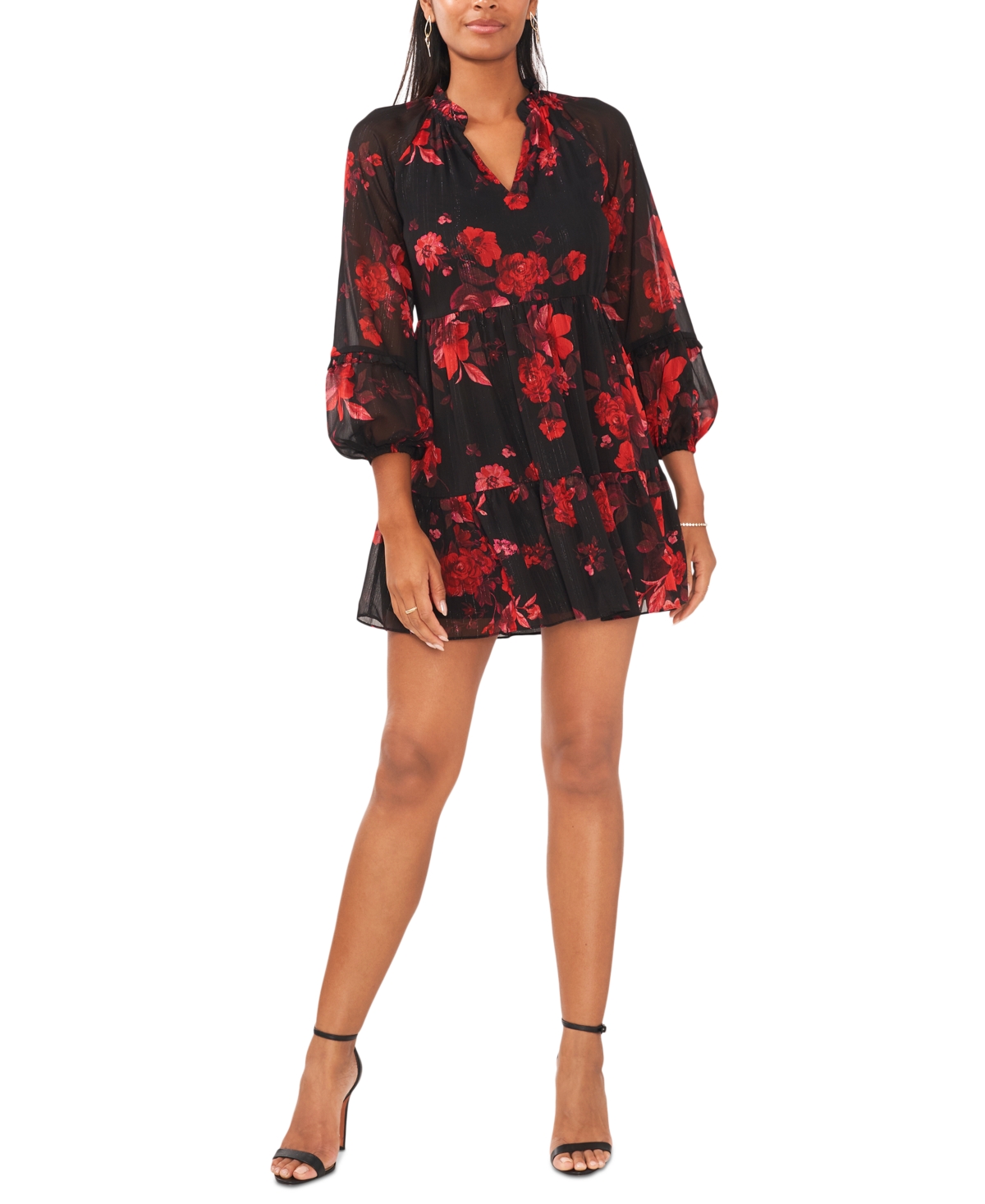 Msk Petite Metallic Floralprint Babydoll Dress In Black/red ModeSens