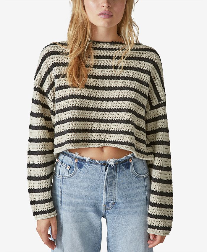 Lucky Brand Women's Striped Cropped Pointelle Sweater - Macy's