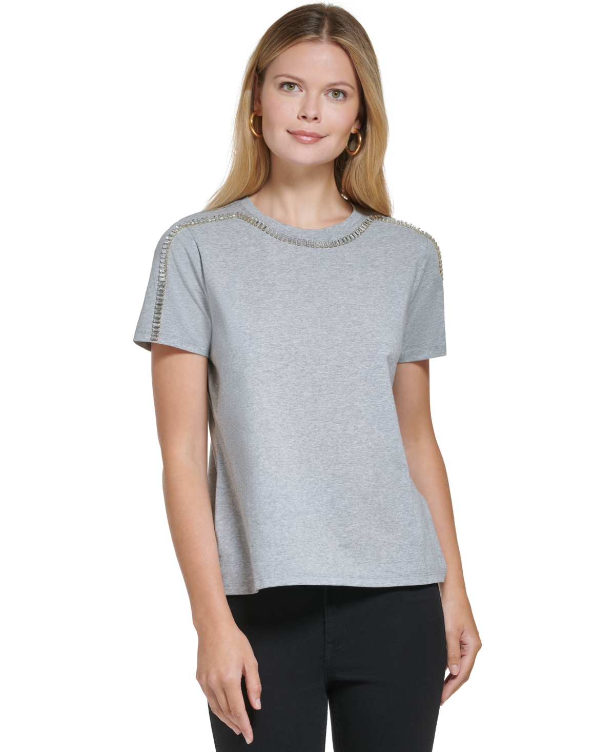 Calvin Klein Women's Short Sleeve Rhinestone Trim Top