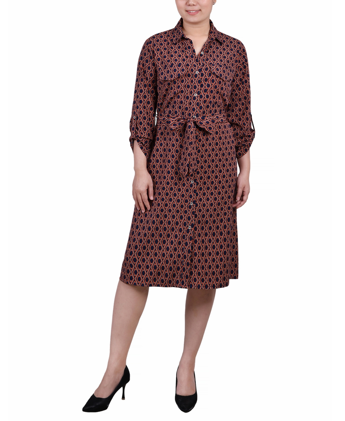 Ny Collection Petite Long Sleeve Roll Tab Shirtdress In Navy Autumn Glaze Thill