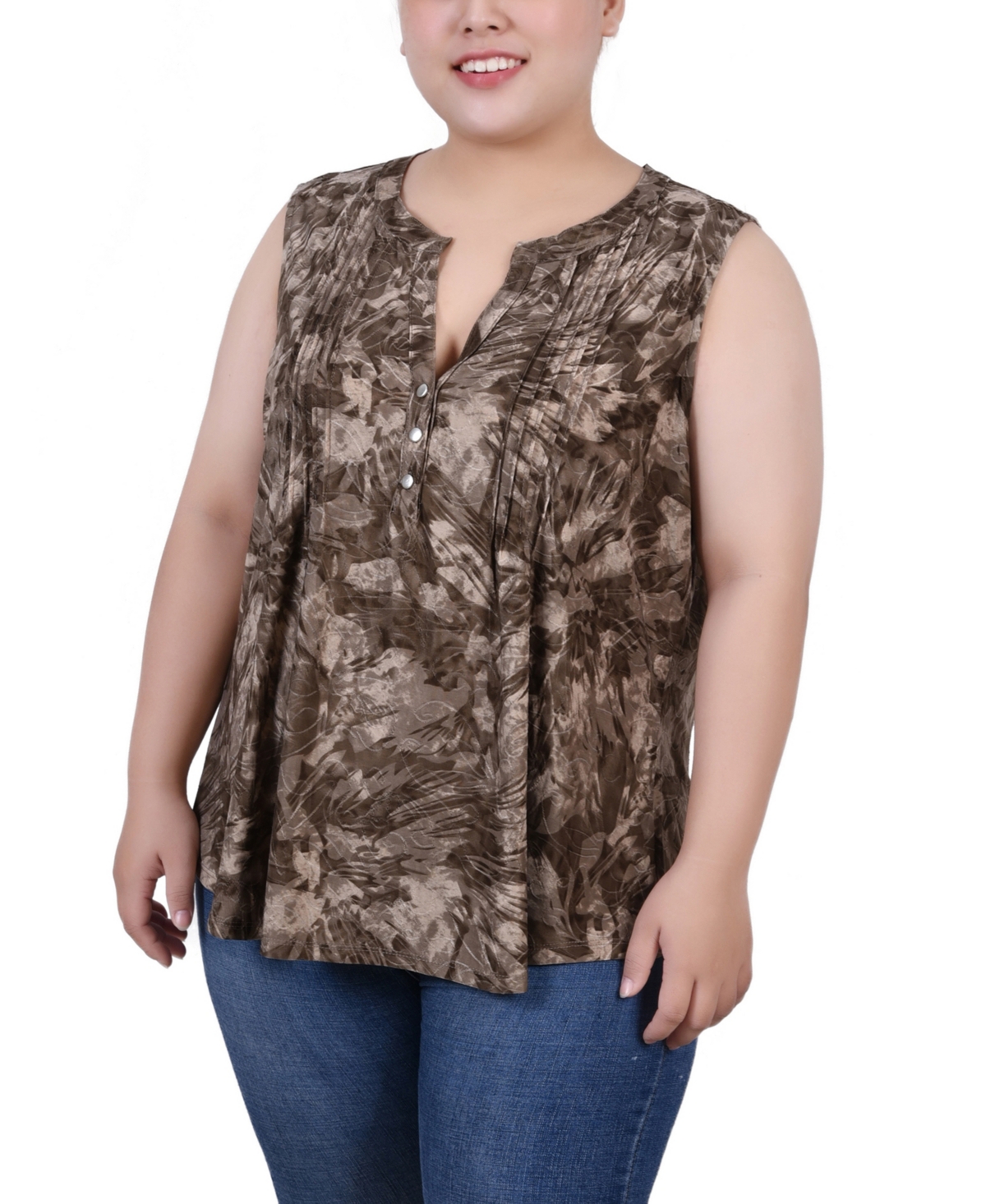 Ny Collection Plus Size Sleeveless Jacquard Y Neck Top In Taupe Jackrain