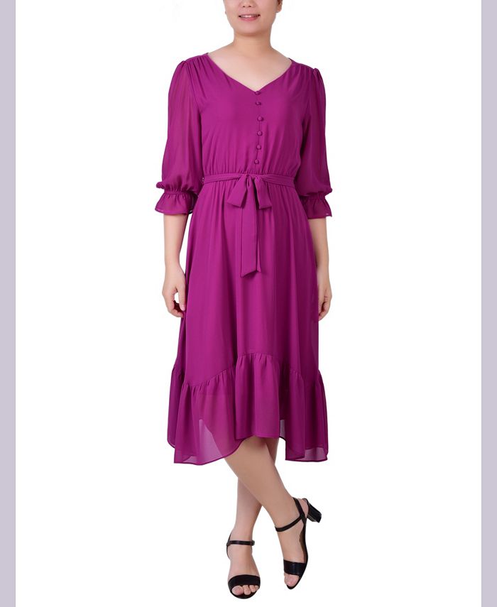 NY Collection Petite 3/4 Sleeve V-neck Flounced Dress & Reviews ...