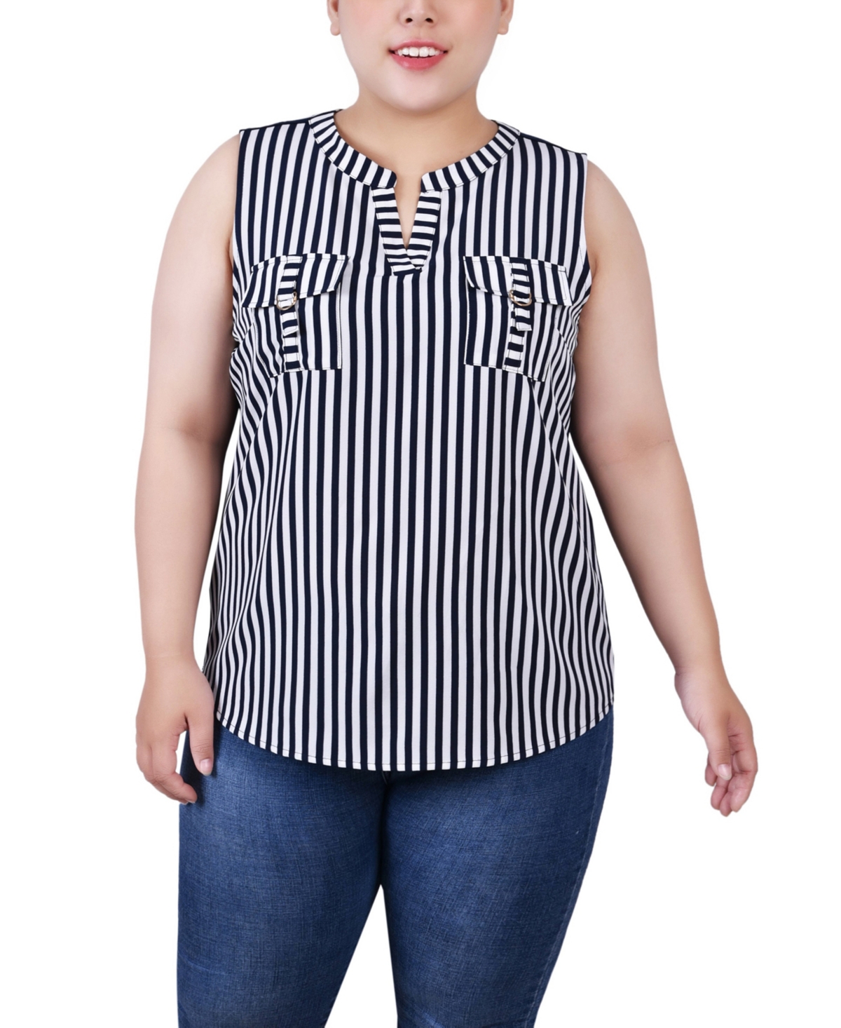 Ny Collection Plus Size Sleeveless Y-neck Combo Blouse In Navy White