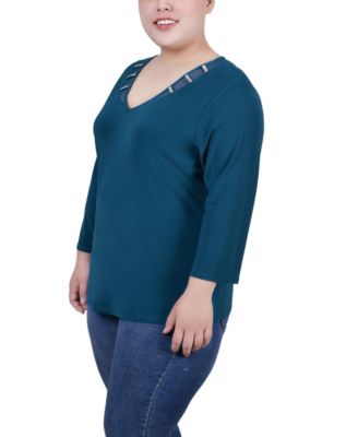 Plus Size Tunic Top with Illusion Neckline and Stones