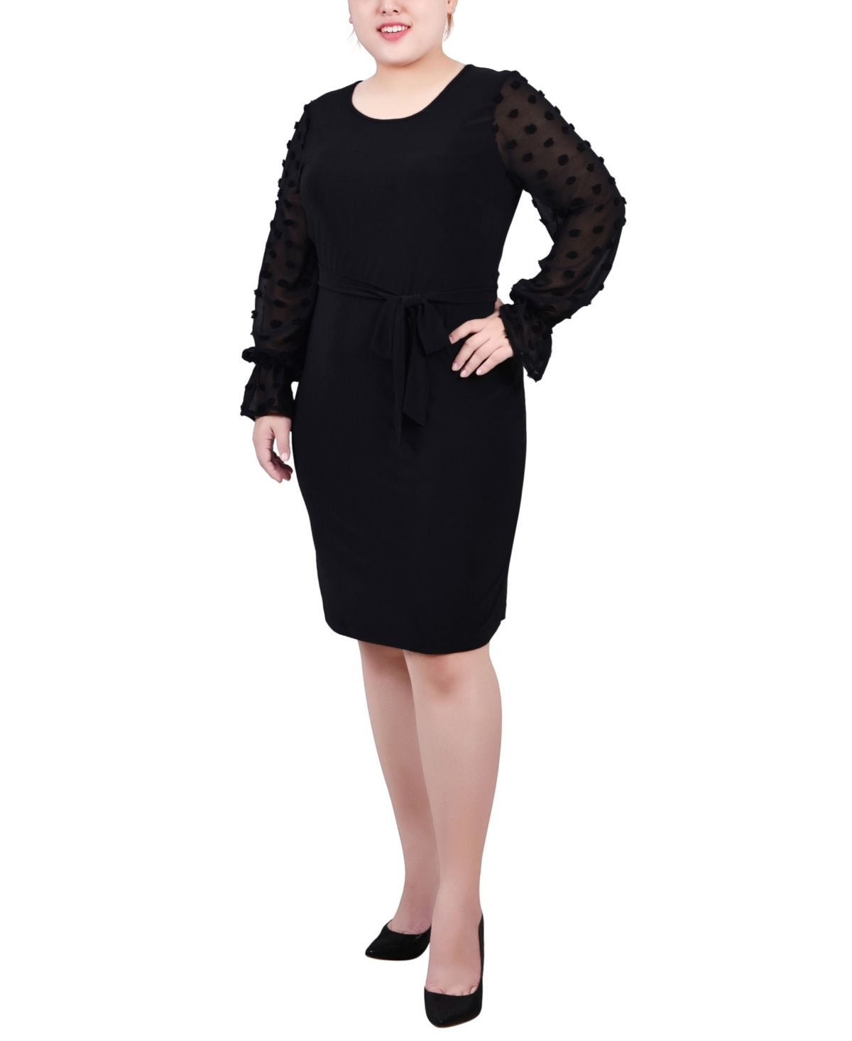 Ny Collection Plus Size Long Chiffon-sleeve Knit Dress In Black