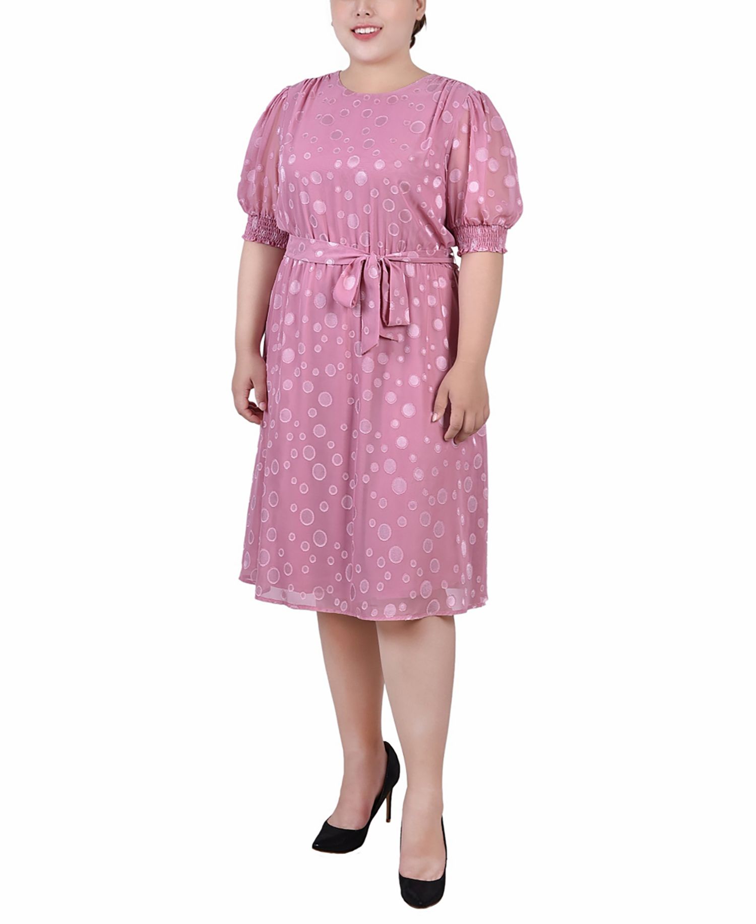 Plus Size Elbow Sleeve Swiss Dot Dress