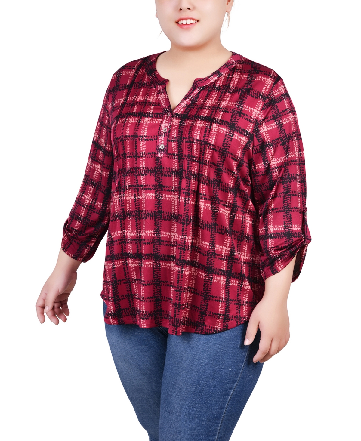 Ny Collection Plus Size 3/4 Roll Tab Sleeve Y Neck Top In Ashes Rose Plaid