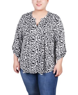Multi Abstract 3/4 Sleeve Roll Tab Y Neck Top - Plus
