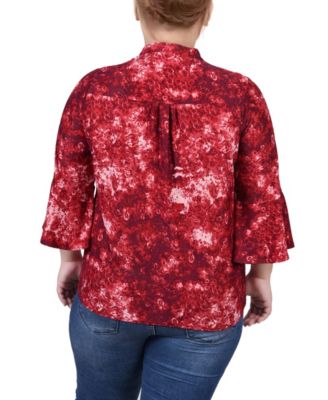 Plus Size 3/4 Sleeve Overlapped Bell Sleeve Y-Neck Top