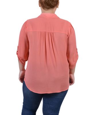 Plus Size 3/4 Sleeve Gauze Blouse