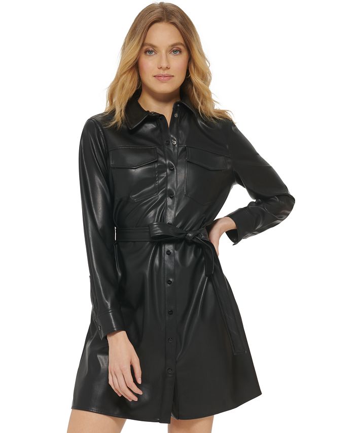 DKNY Women's Faux-Leather Snap-Closure Belted Dress - Macy's