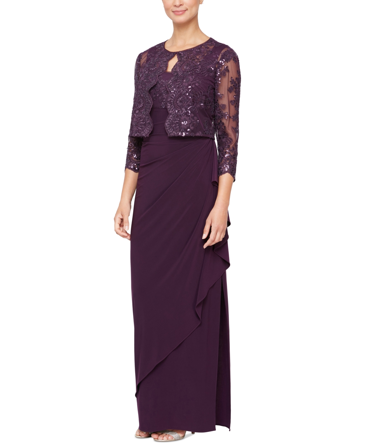 Alex Evenings Embroidered Empire Gown With Jacket In Eggplant