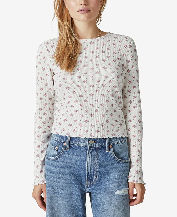 Floral Thermal Shirt White Waffle Knit Blue Flower Print Long, Shop Exile