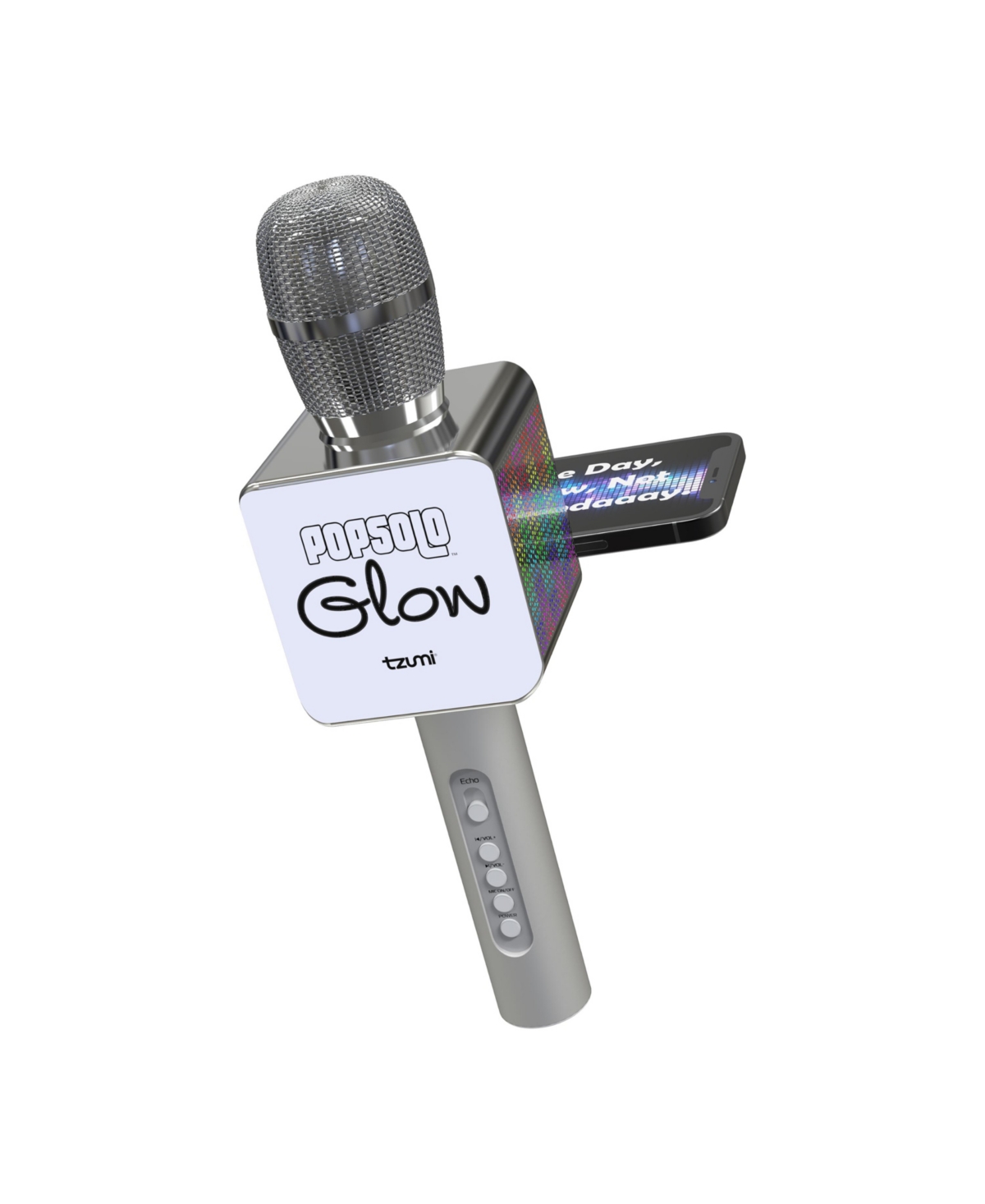Tzumi Closeout!  Pop Solo Glow Bluetooth Karaoke Mic With Smartphone Holder And Led Lights In Silver-tone