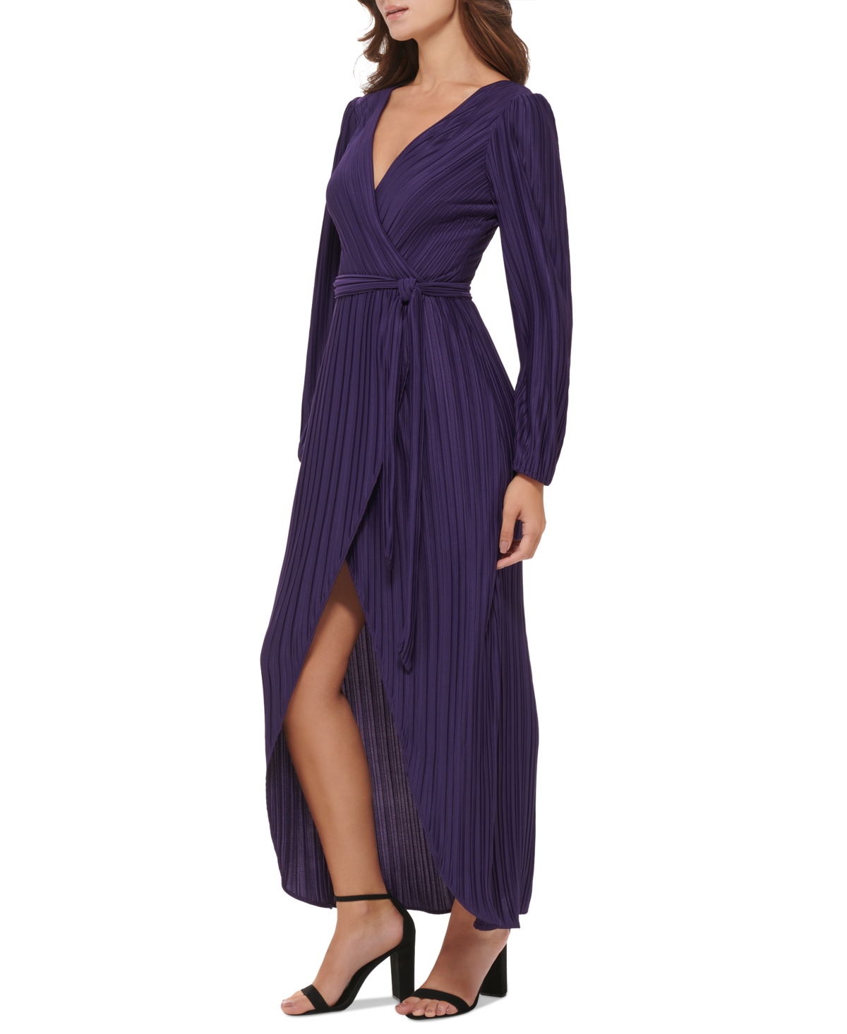 Guess Women's Pleated Woven Faux-Wrap V-Neck Maxi Dress