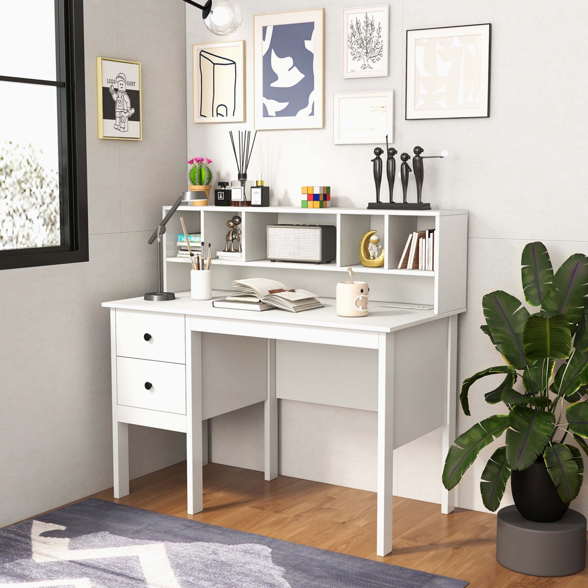 Costway Computer Desk with Power Outlets Type-c 5-Cubby Hutch & 2 Storage Drawers