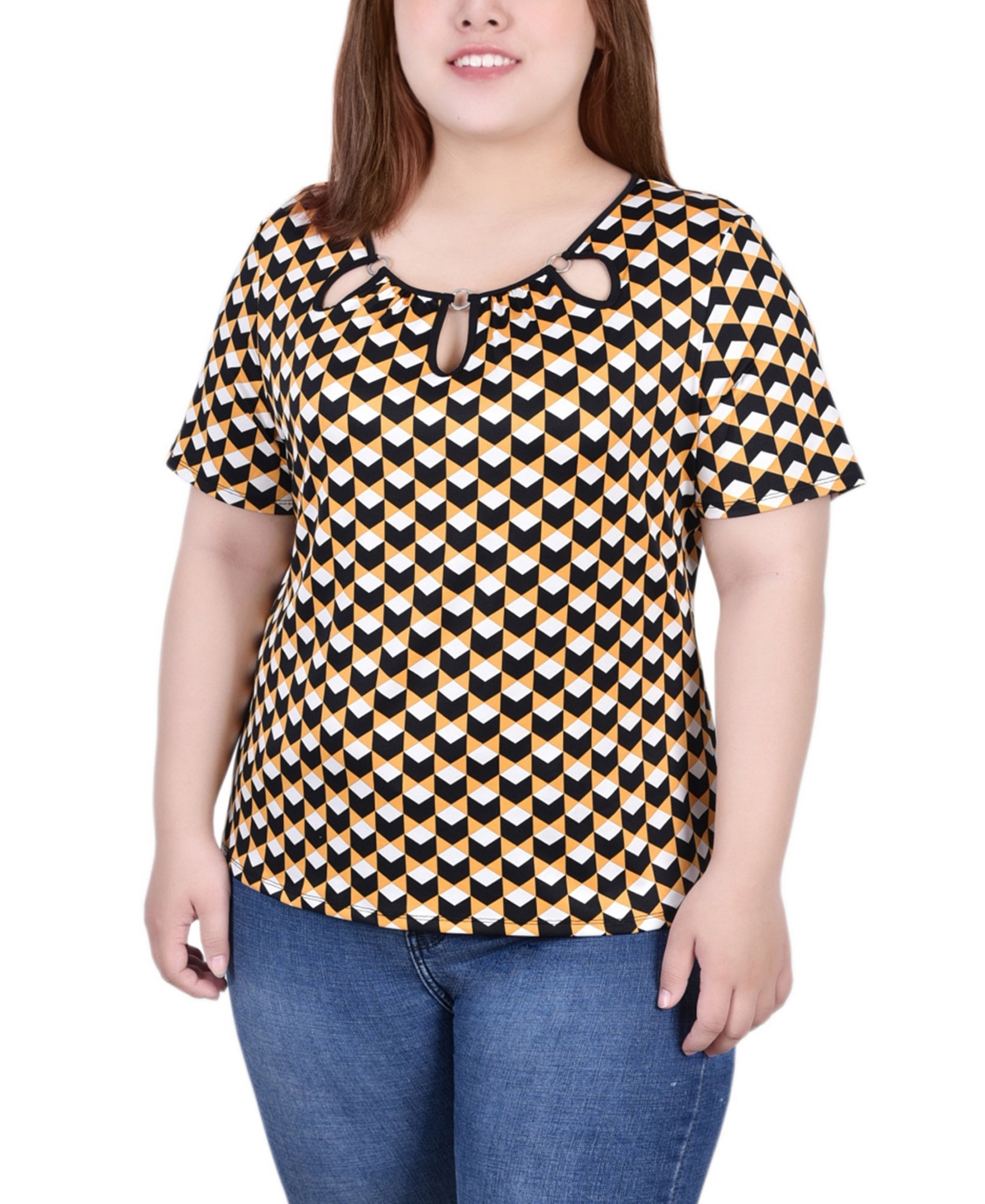 Plus Size Short Sleeve with Ring Details Top - Golden-Tone Black Cube