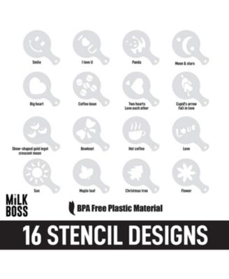 Milk Boss Portable Milk Coffee Frother Handheld Whisk Mixer with 16-Piece Stencils