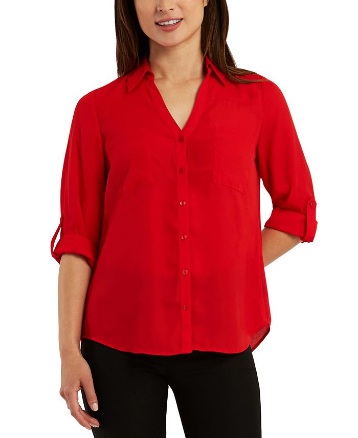 BCX Juniors' Solid Roll-Tab Sleeve Button-Down Top - Macy's