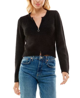 No Comment - Juniors' Fuzzy Zip-Front Crewneck Sweater