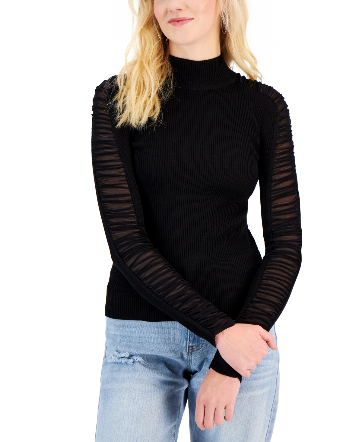 Crave Fame Juniors' Ruched Mesh-Sleeve Mock-Neck Sweater