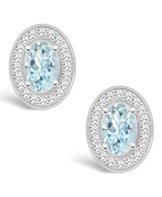 Aquamarine (7/8 ct. t.w.) and Diamond (1/5 ct. t.w.) Halo Studs in Sterling Silver