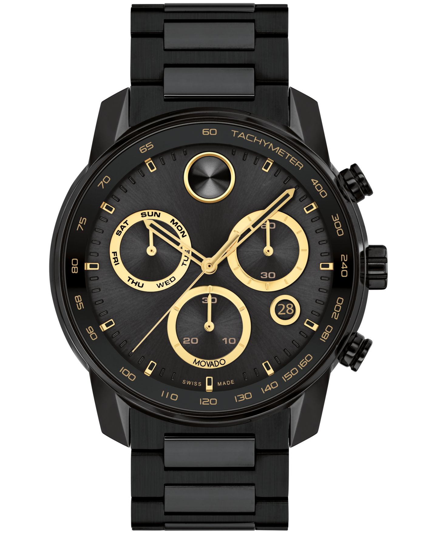 Мужские часы Movado Bold Verso Swiss Quartz Chronograph Ionic Plated Black Steel Bracelet Watch 44mm — фото 1
