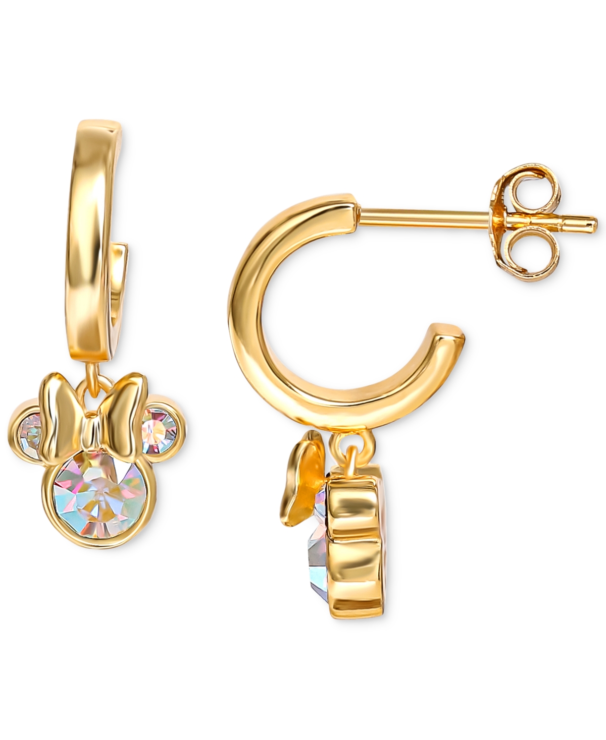 Disney Crystal Minnie Mouse Dangle Hoop Earrings In 18k Gold-plated Sterling Silver In Gold Over Silver