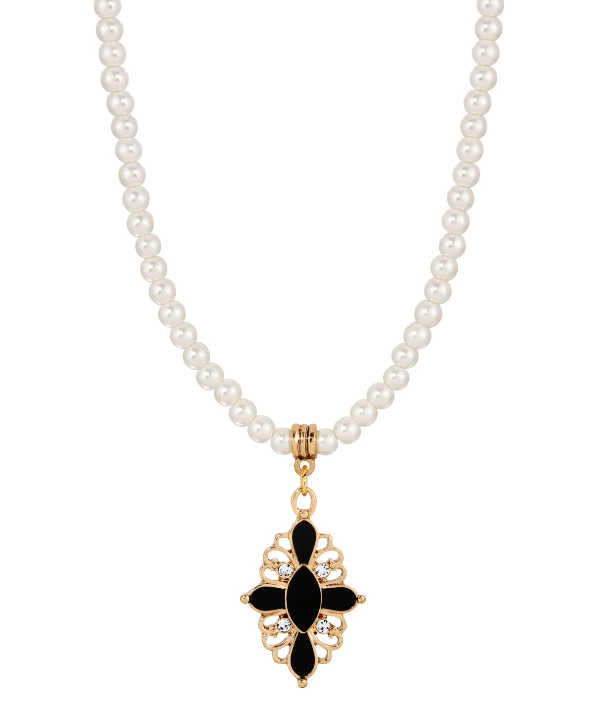 2028 Imitation Pearl And Crystal Jet Oval Drop Necklace In White