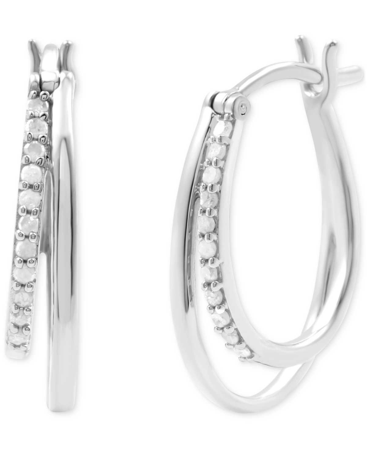 Diamond & Polished Double Oval Hoop Earrings (1/4 ct. t.w.) in Sterling Silver - Sterling Silver