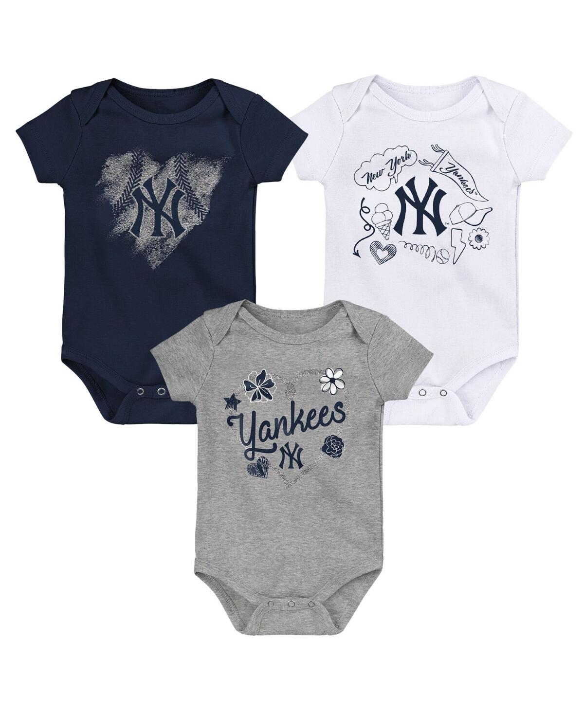 Outerstuff Girls Newborn And Infant Navy, White, Heathered Gray New York Yankees 3-pack Batter Up Bodysuit Set In Navy,white,gray