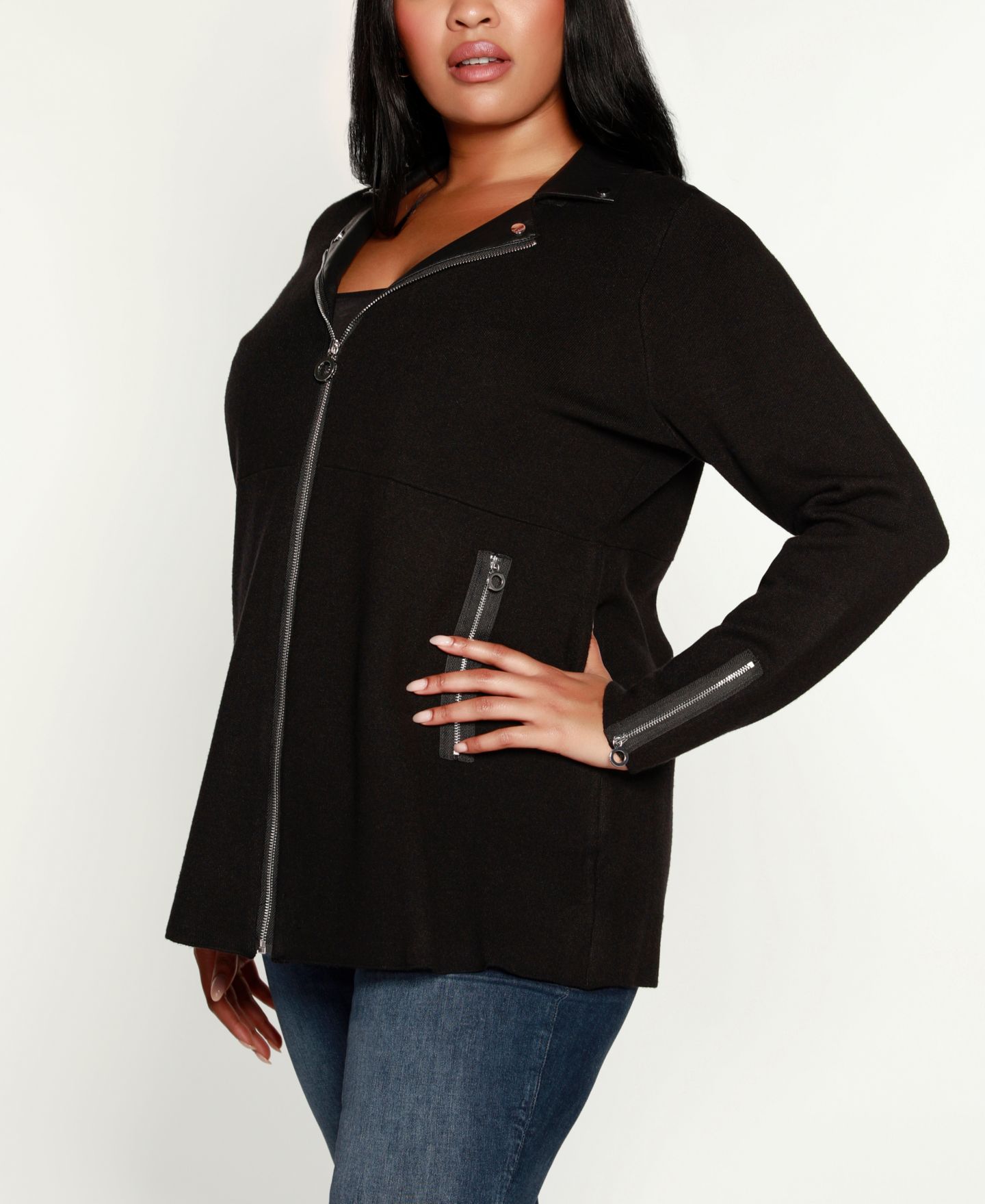 Женская куртка Belldini Plus Size Black Label Collared Sweater Jacket, цвет: Чёрный — фото 2