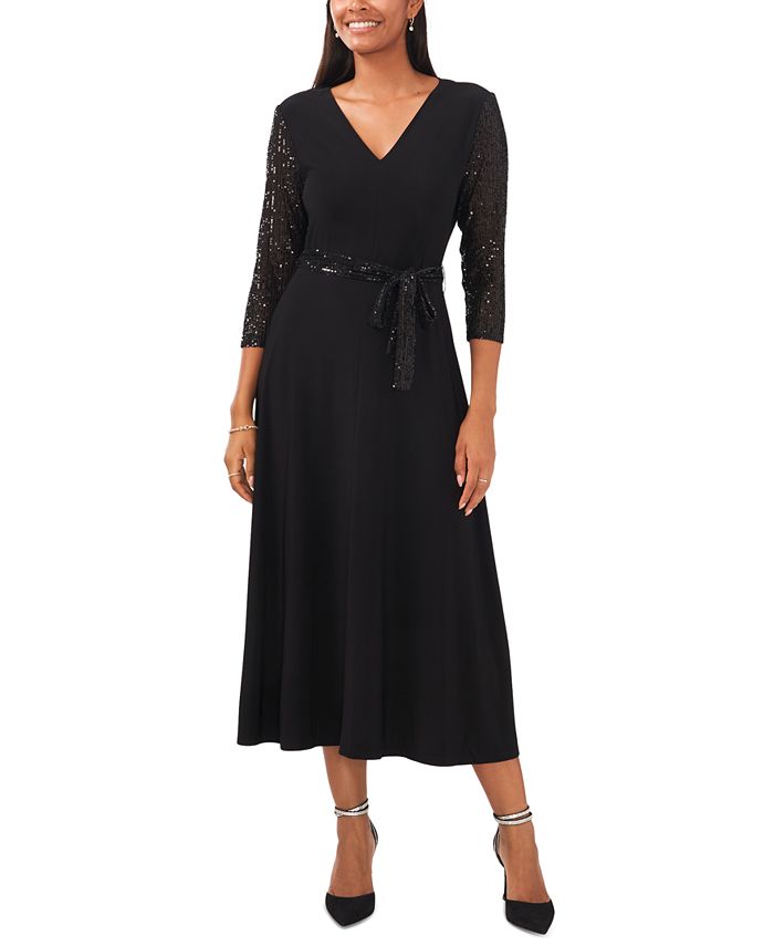 Sequined Bodice V-Neck Midi Dress