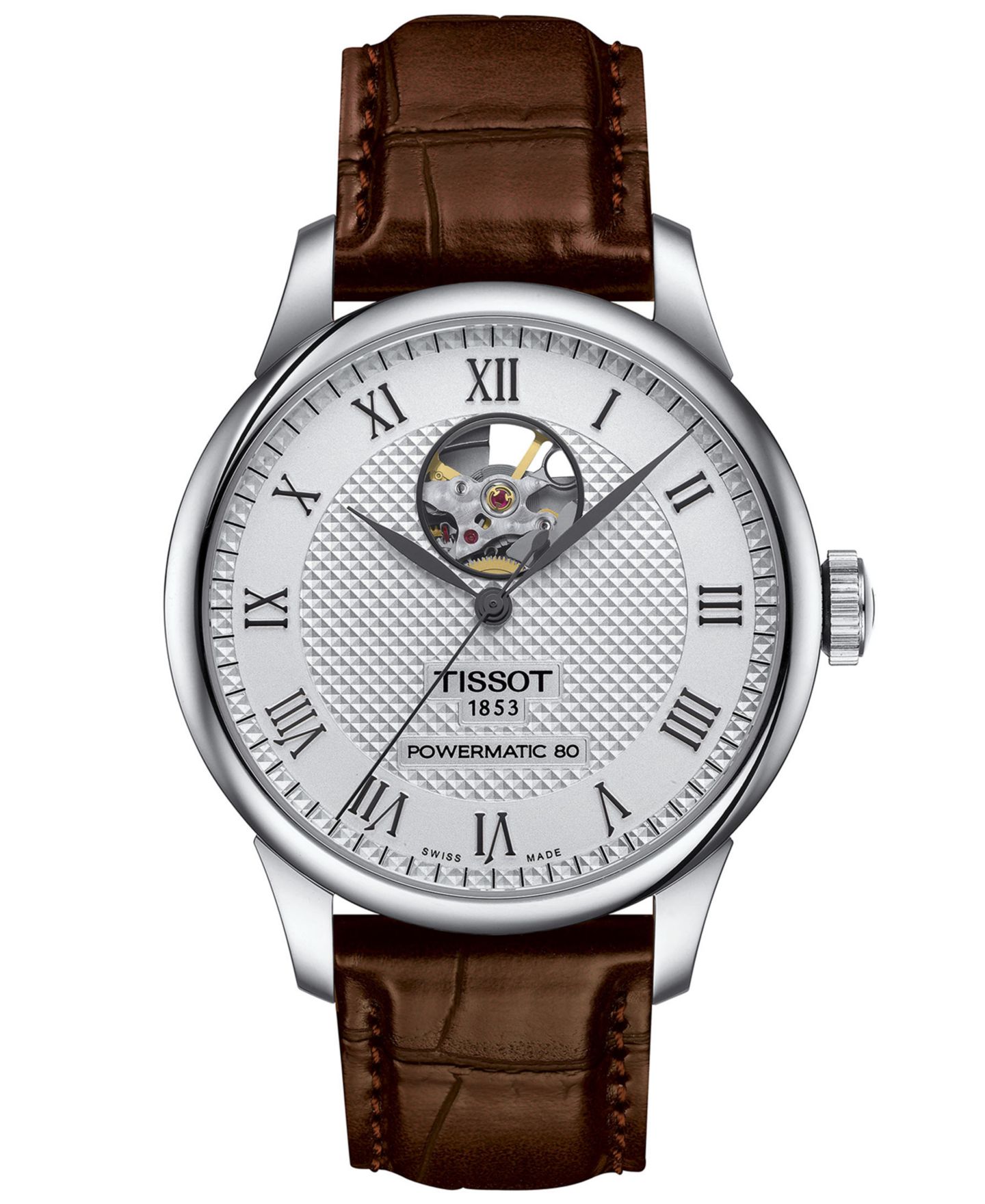 Мужские часы Tissot Swiss Automatic Le Locle Powermatic 80 Open Heart Brown Leather Strap Watch 39mm — фото 1
