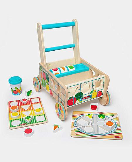 Wooden Shape Sorting Grocery Cart Push Toy & Puzzles