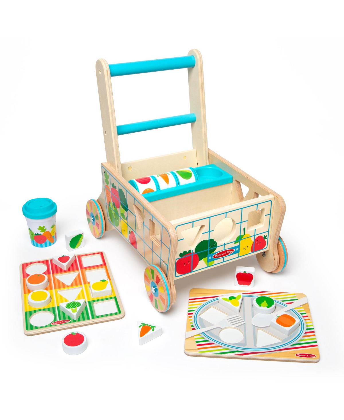 Melissa & Doug Kids' Wooden Shape Sorting Grocery Cart Push Toy & Puzzles In Multi