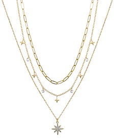 14K Gold Flash Plated Brass Crystal Star Pendant, Cubic Zirconia and Multi Star Charmed, 3-Piece Necklace Set