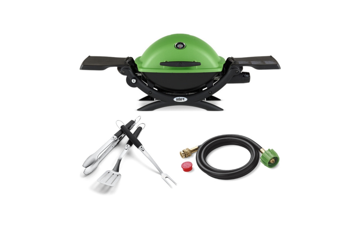Weber Q Gas Grill With Adapter Hose And 3-Piece Grill Set - Green