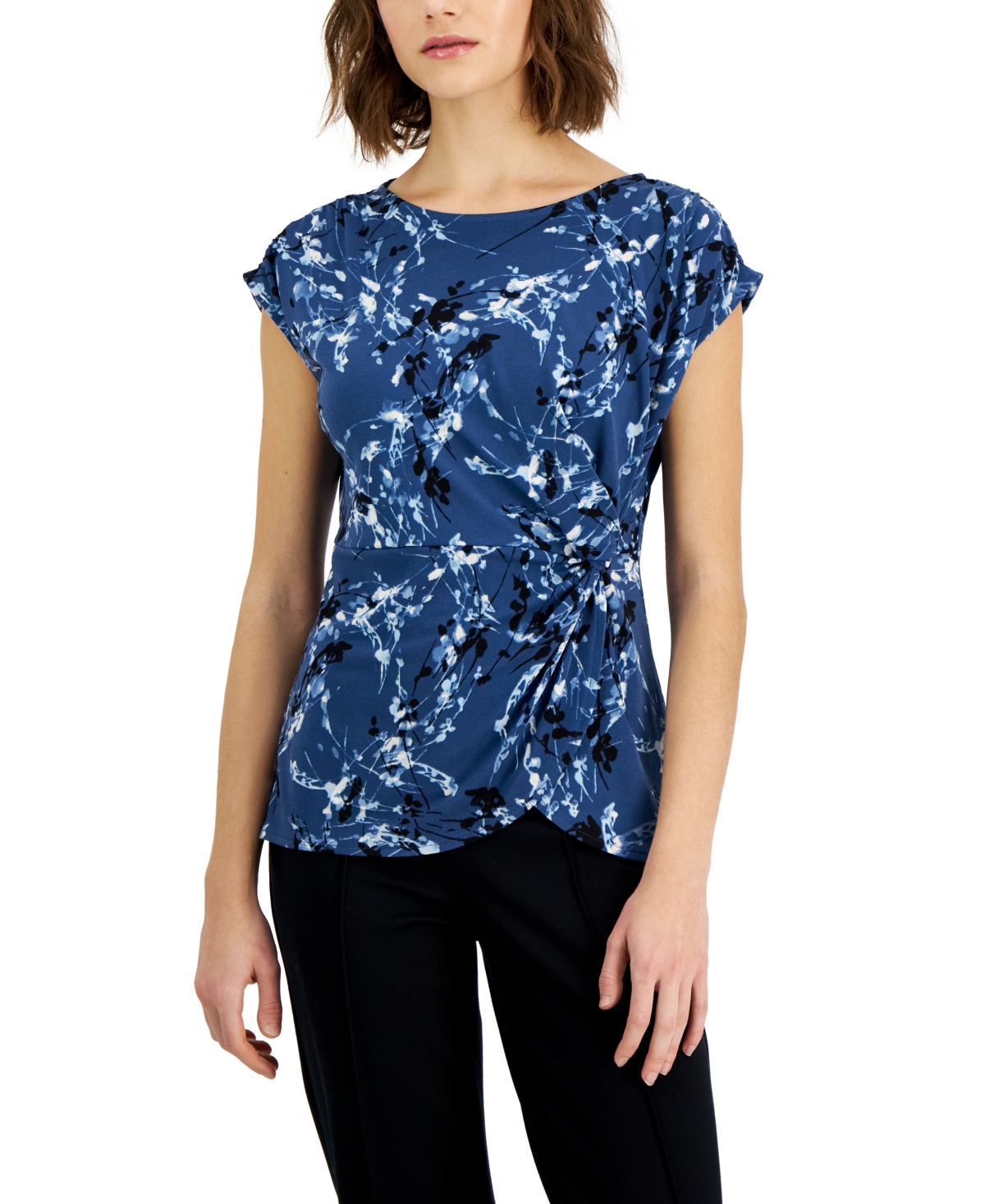 Alfani Women's Printed Crewneck Short-Sleeve Side-Knot Top, Created for Macy's