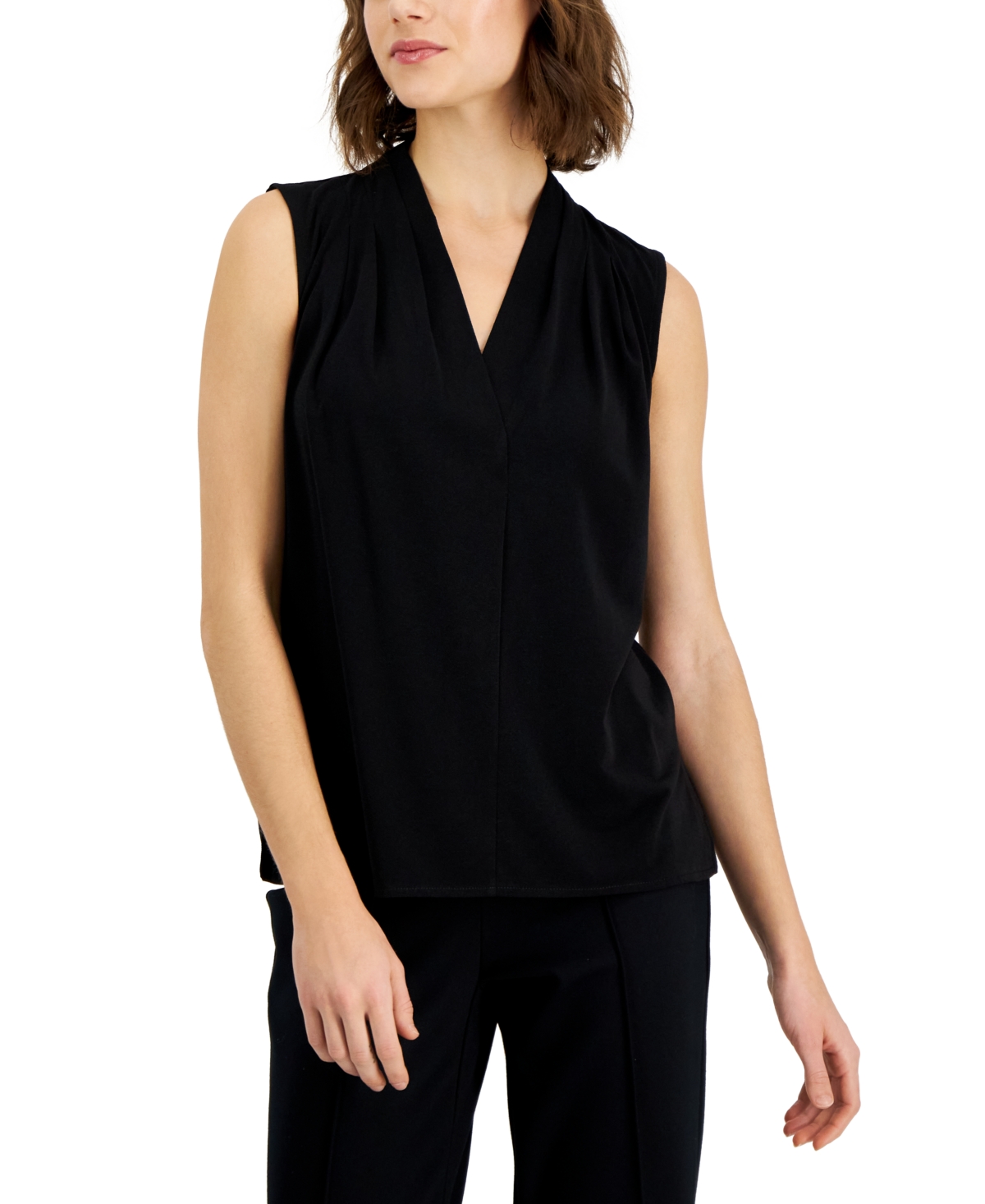 Alfani Women's Pleated V-neck Sleeveless Top, Created For Macy's In Deep Black