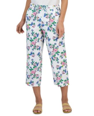 Charter Club Petite Linen Floral-Print Cropped Pants, Created for Macy ...