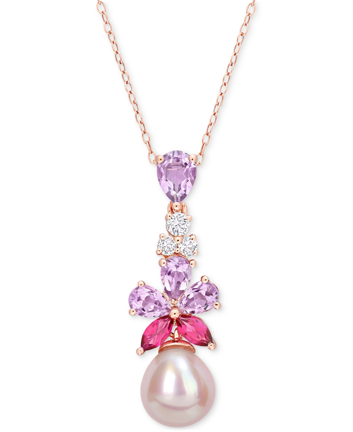 Macy's Pink Cultured Freshwater Pearl (9-1/2mm) & Multi-gemstone (2-3/8 Ct. T.w.) 18" Pendant Necklace In 1 In Rose Gold