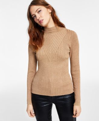 Inc International Concepts Inc Women's Shine Ribbed Turtleneck Sweater, Created for Macy's - Salty Nut with Gold - Size S